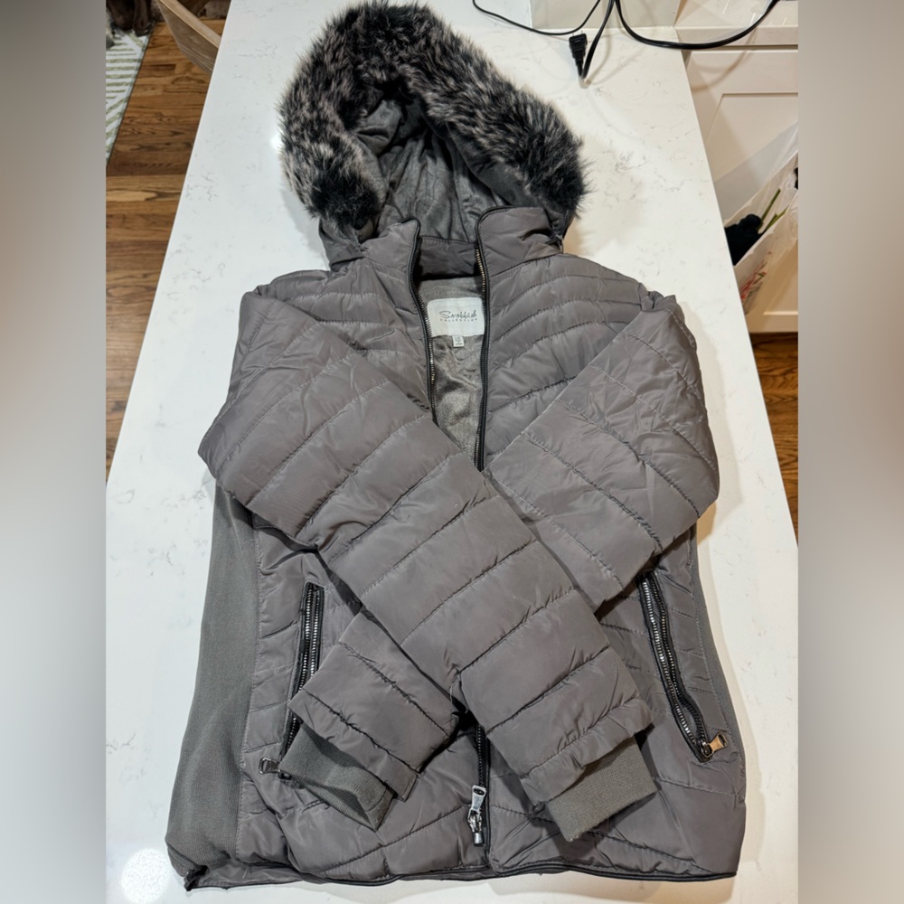 Gray Women's Winter Jacket with Faux Fur Hood